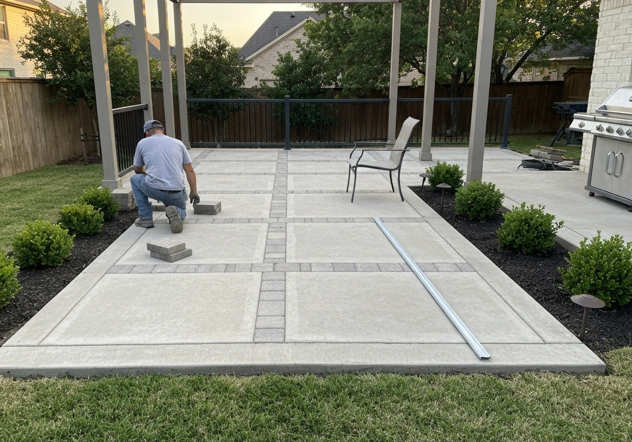 Freshly finished backyard patio with pavers, landscaping, and an anonymous worker adjusting the patio edge.