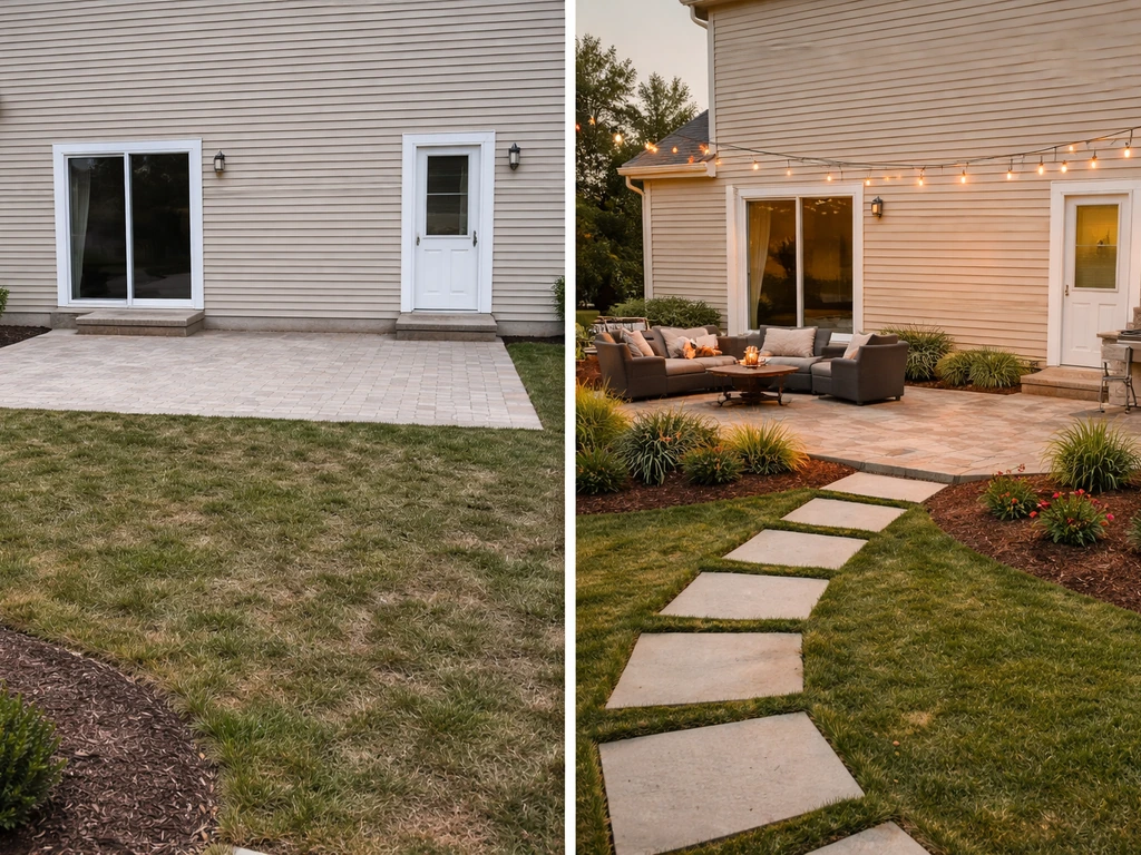 Split-screen showing a generic patio layout concept versus a tailored patio plan aligned to a home’s door and yard.