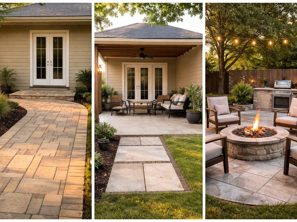 Three minimal Fort Worth backyard patio scenes: uncovered pavers, covered slab with roof, and a fire pit seating area.