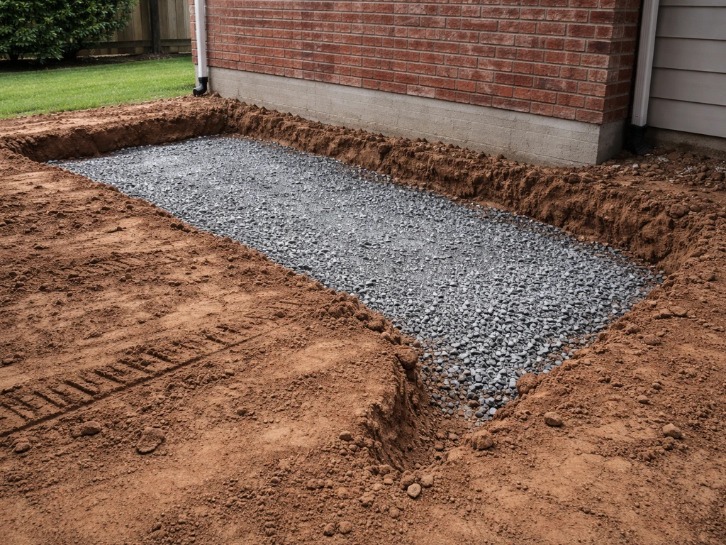 Excavated patio base with compacted gravel sub-base and a clear drainage slope away from the house