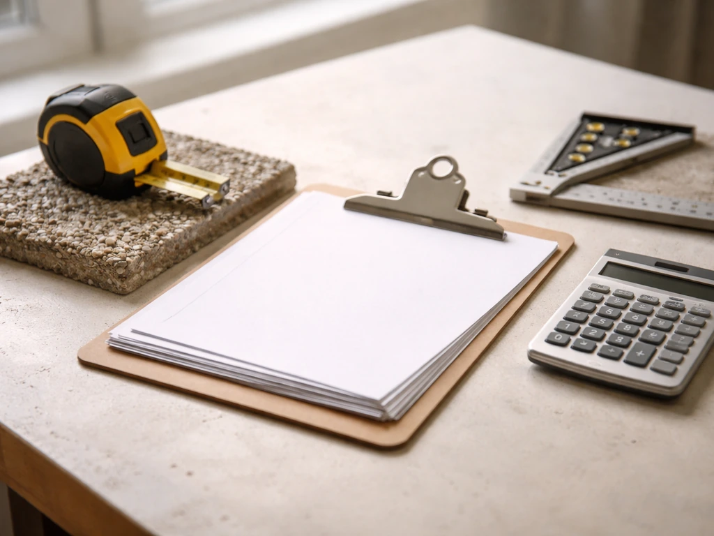 Contractor quote comparison setup on a table with measuring tape, patio layout tools, and blank papers.