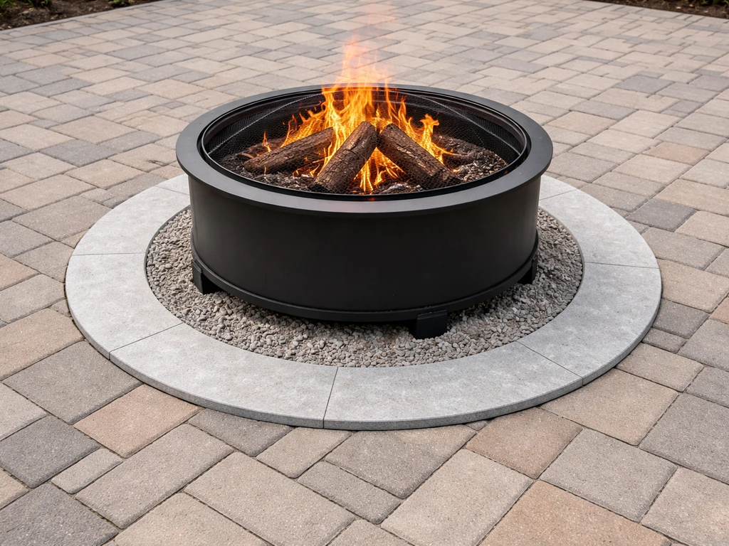 Angled view of a fire pit centered on a leveled paver patio with visible protective base layers.