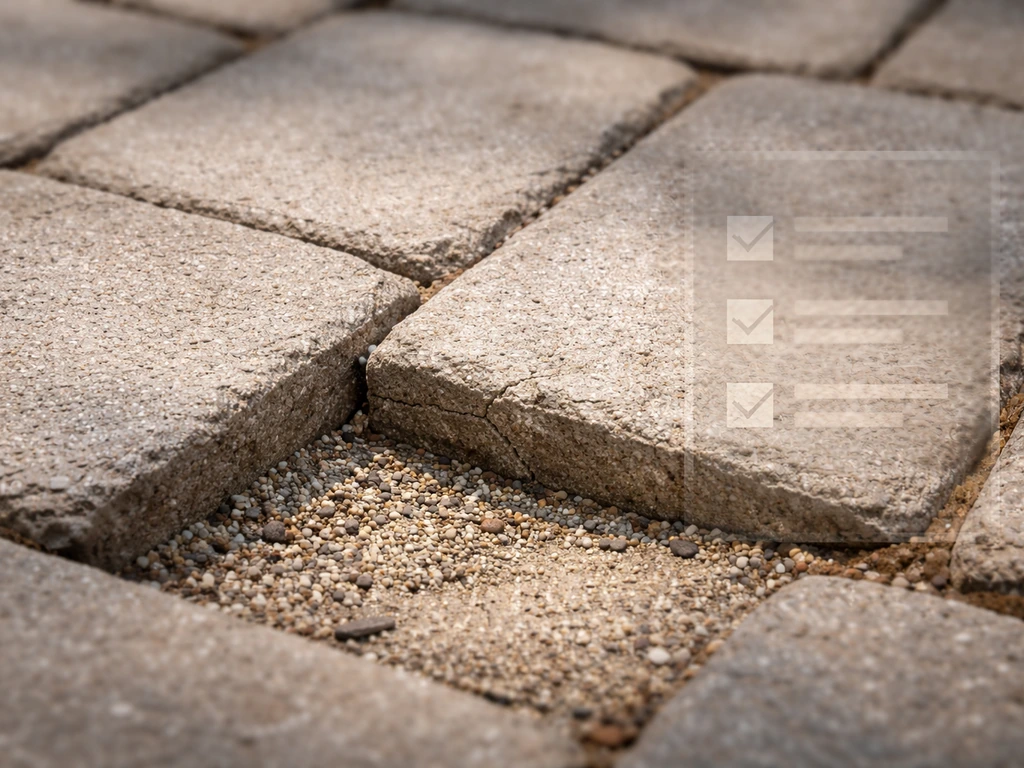 Close-up of paver patio seams with exposed bedding, a small crack, and uneven loose pavers suggesting caution.