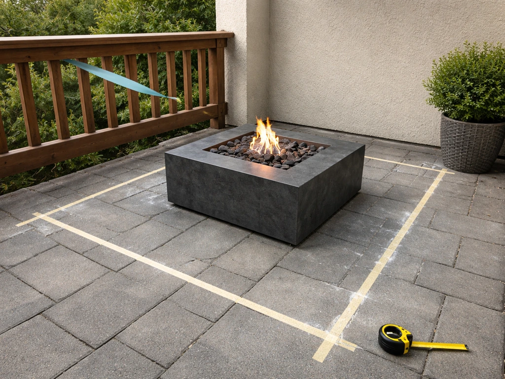 Minimal patio scene with chalk outline and measured clearance markings around a gas fire pit area.