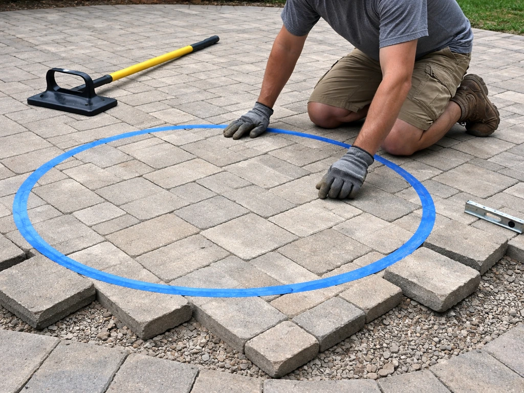 Kneeling on a paver patio, someone marks a fire pit outline and lifts pavers to prep bedding.