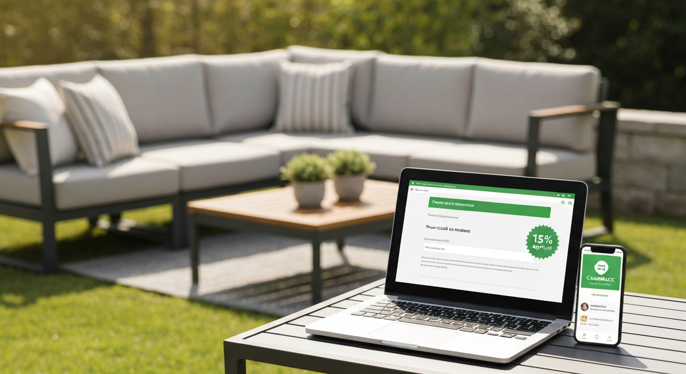Person on a patio using a laptop and phone to apply a promo code and cashback while looking at patio furniture online.