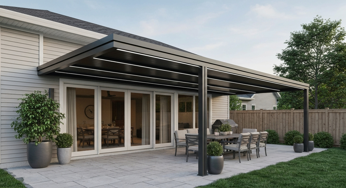 Backyard patio with an attached aluminum canopy top shading seating and dining area.