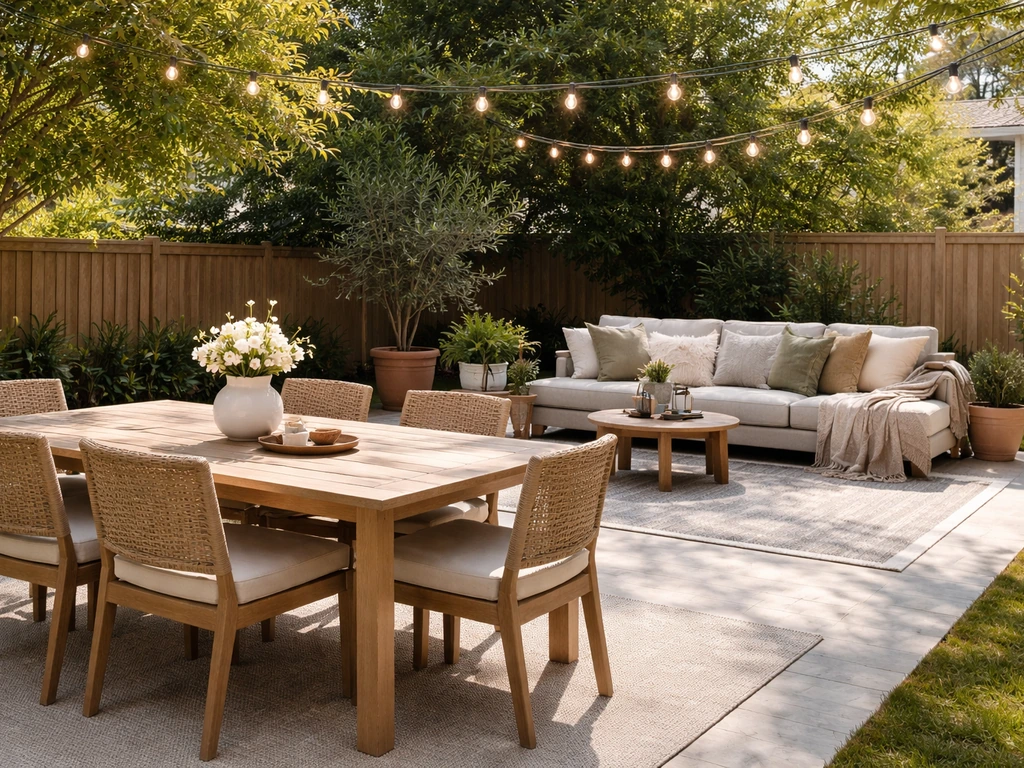 Sunlit patio with a dining set, lounging cushions, layered textiles, and soft string lights at dusk.