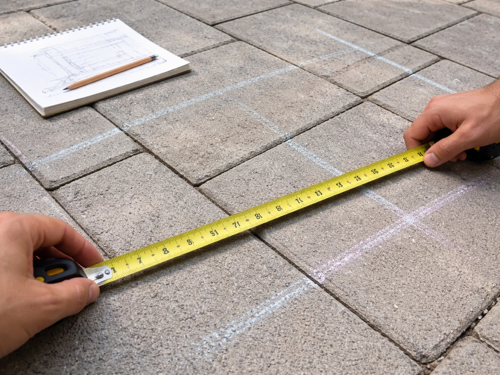 Hands using a tape measure over a patio surface with faint chalk zone marks.