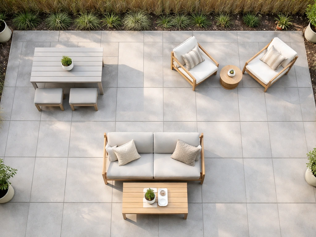 Top-down view of a simple patio layout showing dining-only, lounge-only, and conversation seating areas