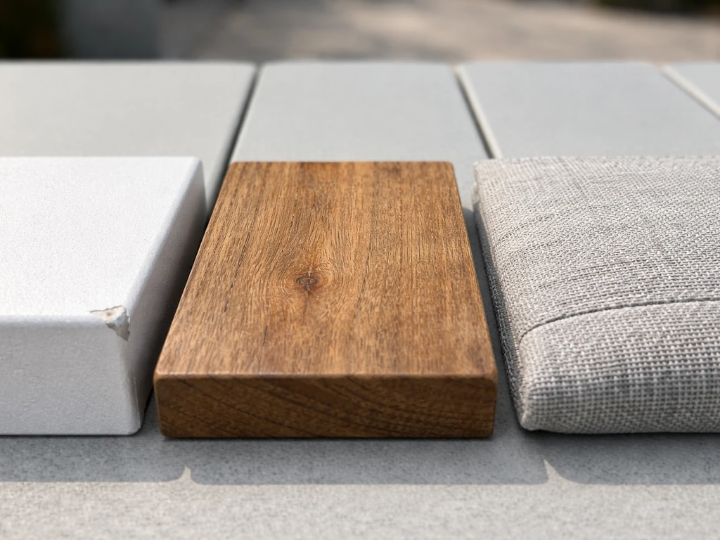 Closeup side-by-side textures of powder-coated aluminum, teak wood, and outdoor fabric