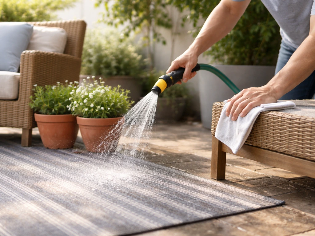 Anonymous homeowner hosing an outdoor rug and wiping patio furniture beside planters on a clean patio.
