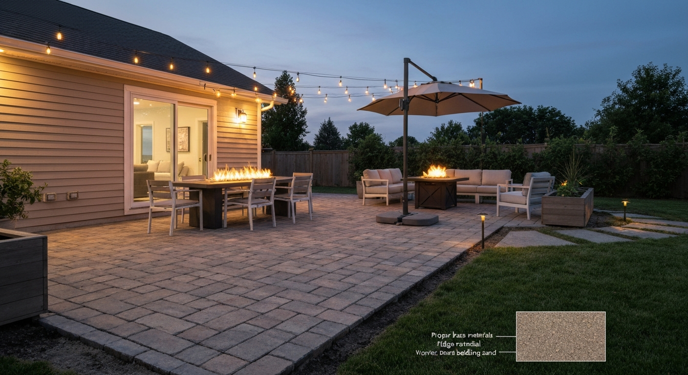 Dusk photo-style view of a completed patio with pavers, outdoor furniture, string lights, fire pit, and a visible edge showing base materials.
