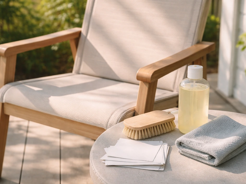 Sunlit patio chair with cleaning kit and blank discount-code cards arranged neatly for quick chair care.