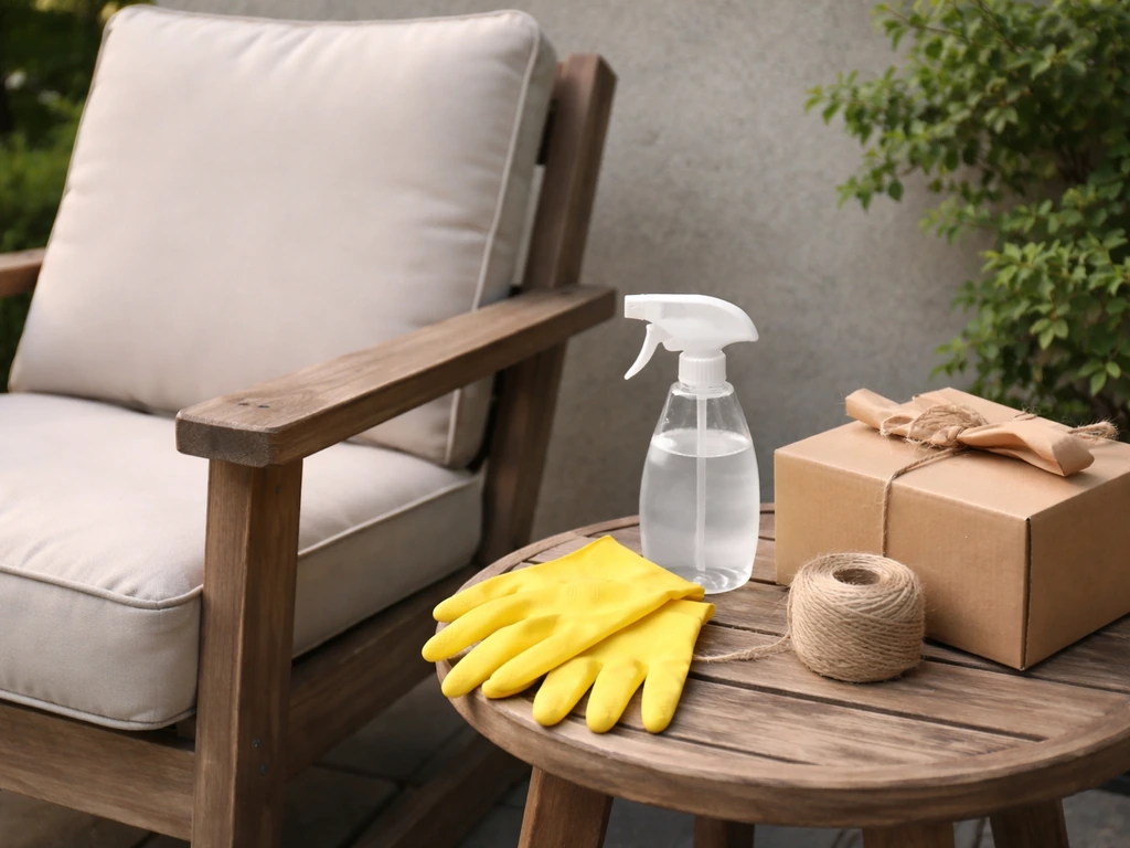 Outdoor patio setting showing a wooden chair with two cleaning-care items nearby, contrasting “brand” and “chair care.”