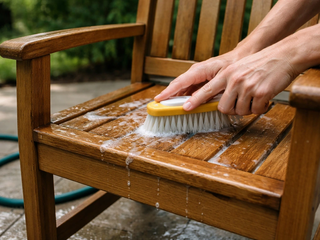 Hands scrubbing a damp teak chair along the grain with a nylon brush after rinsing