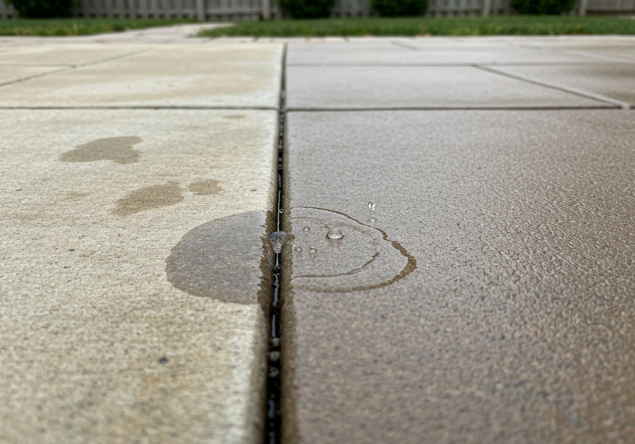 Split image comparing sealed and unsealed patio surfaces with water beading on the sealed side