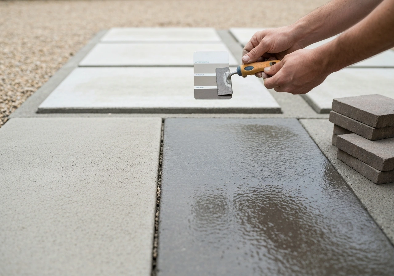 Hands inspecting a patio with matte concrete and a darker wet-look sealed test patch, plus pavers nearby.