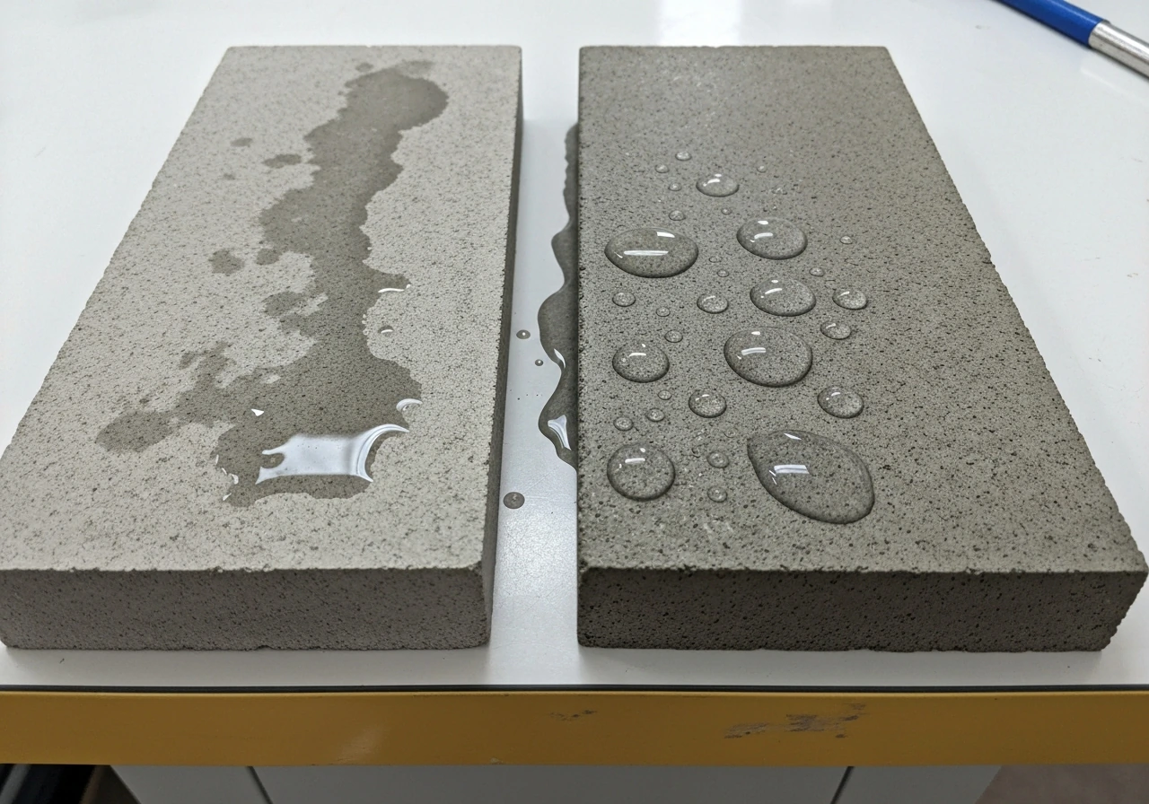 Two concrete samples side by side showing beaded water on sealed stone vs spread water on bare concrete.