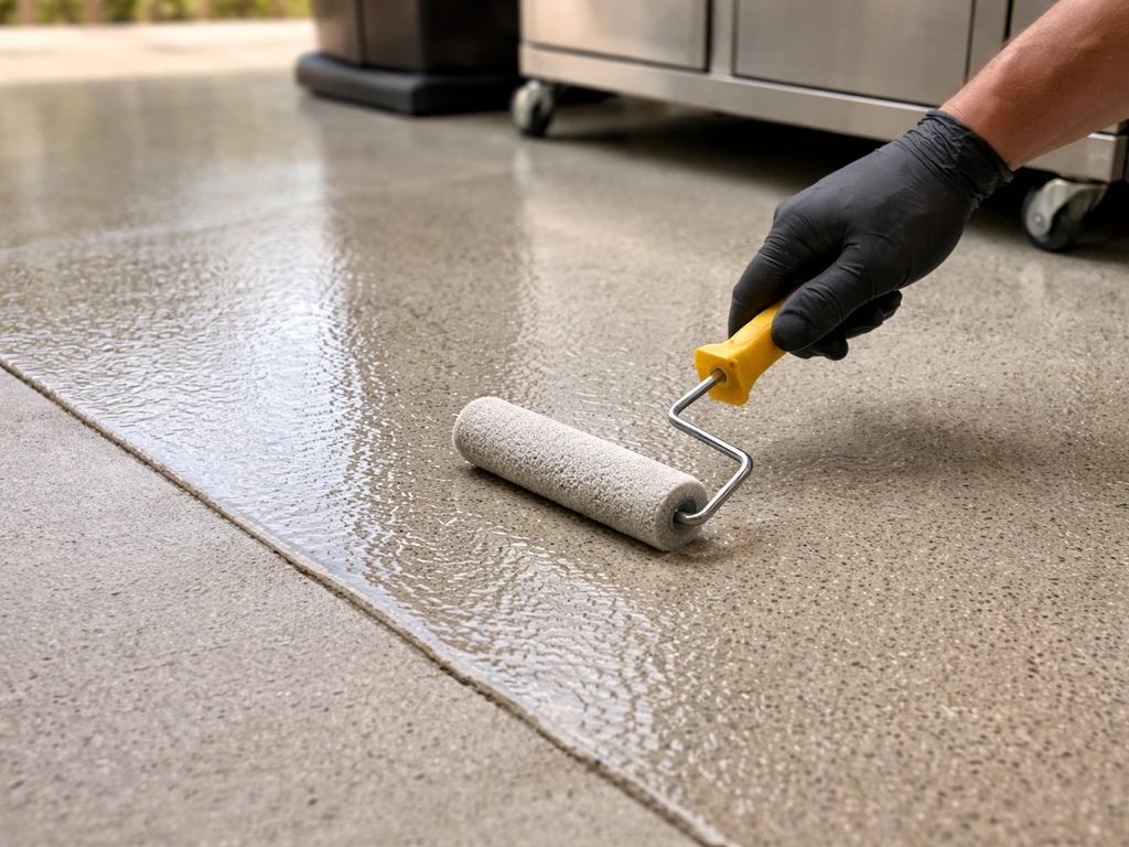 Glossy epoxy/urethane topcoat being rolled onto a concrete patio near a grill, finish texture visible.