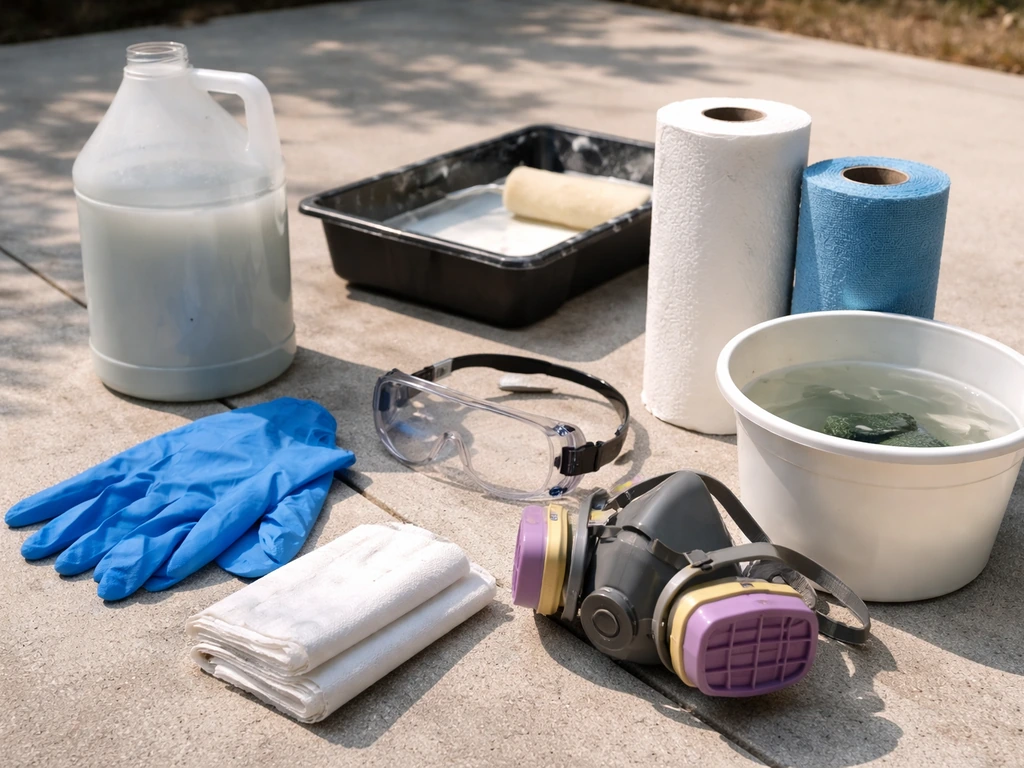 Water-based patio sealing safety gear and cleanup items laid out on a patio.