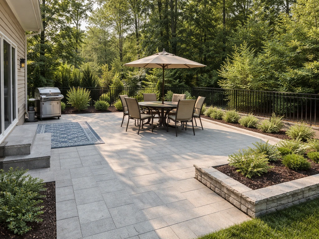Wide view of a clean, well-kept outdoor patio with safe walkways, planters, and subtle lighting