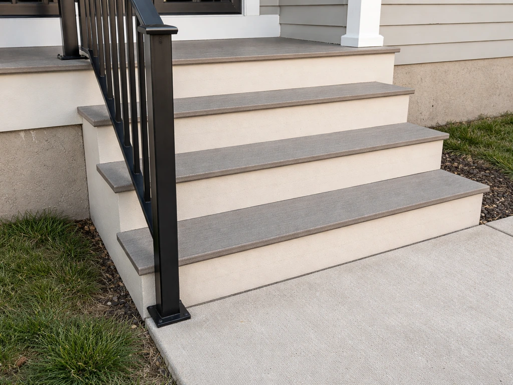 Close-up of exterior stairs showing proper riser height and neatly placed handrail, no people.