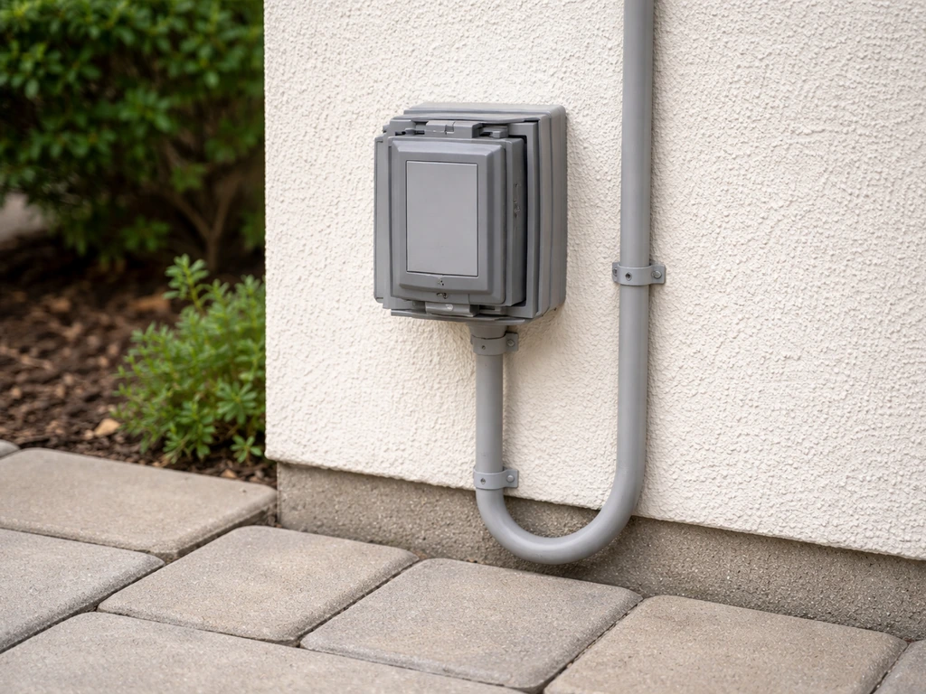 Outdoor GFCI outlet on a patio wall with a closed weatherproof cover and wiring in nearby conduit.