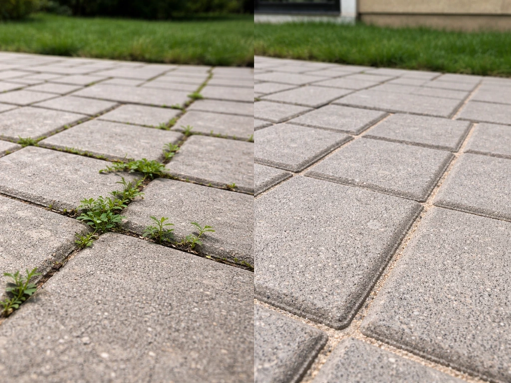 Side-by-side patio pavers: weeds in open joints vs neatly filled polymeric sand joints.