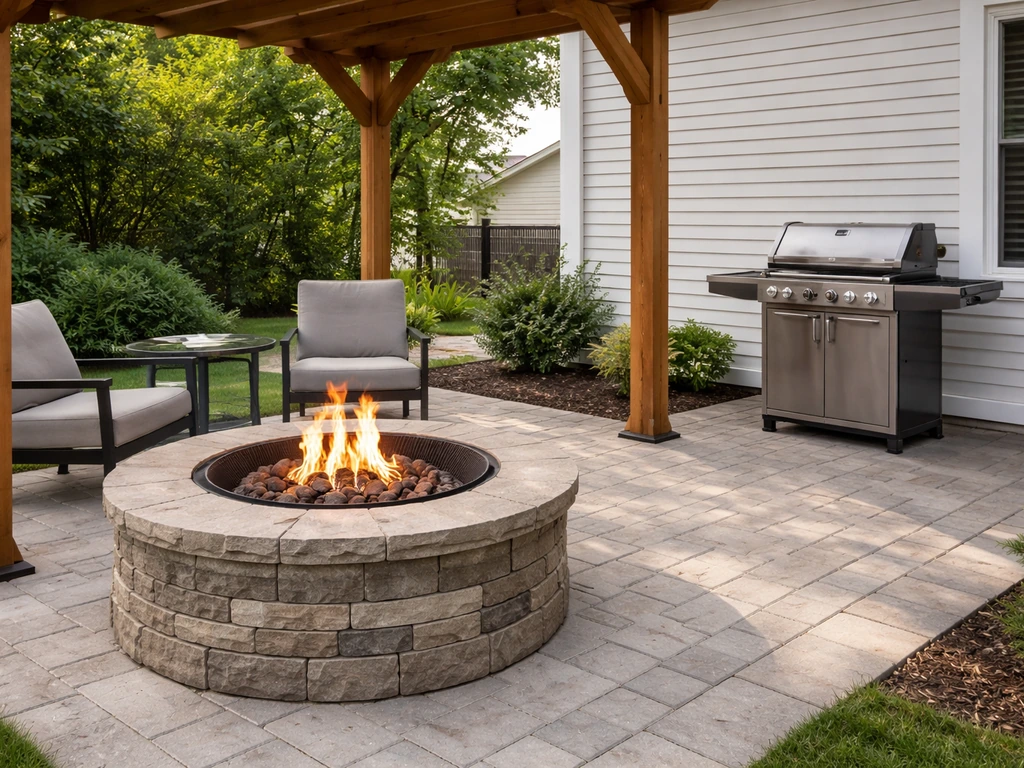 Patio fire pit and grill spaced safely from a pergola and house wall
