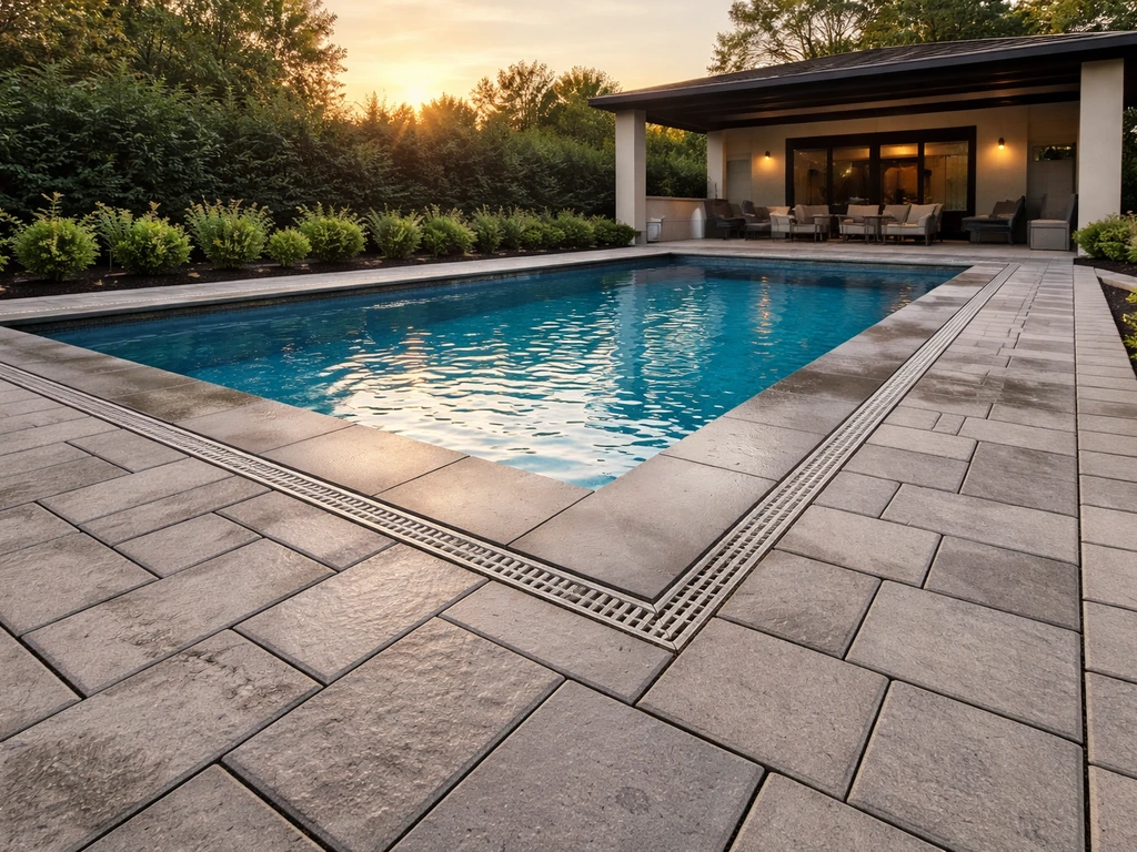 Backyard view showing a pool, stone pavers, drainage lines, and a clear walk path.