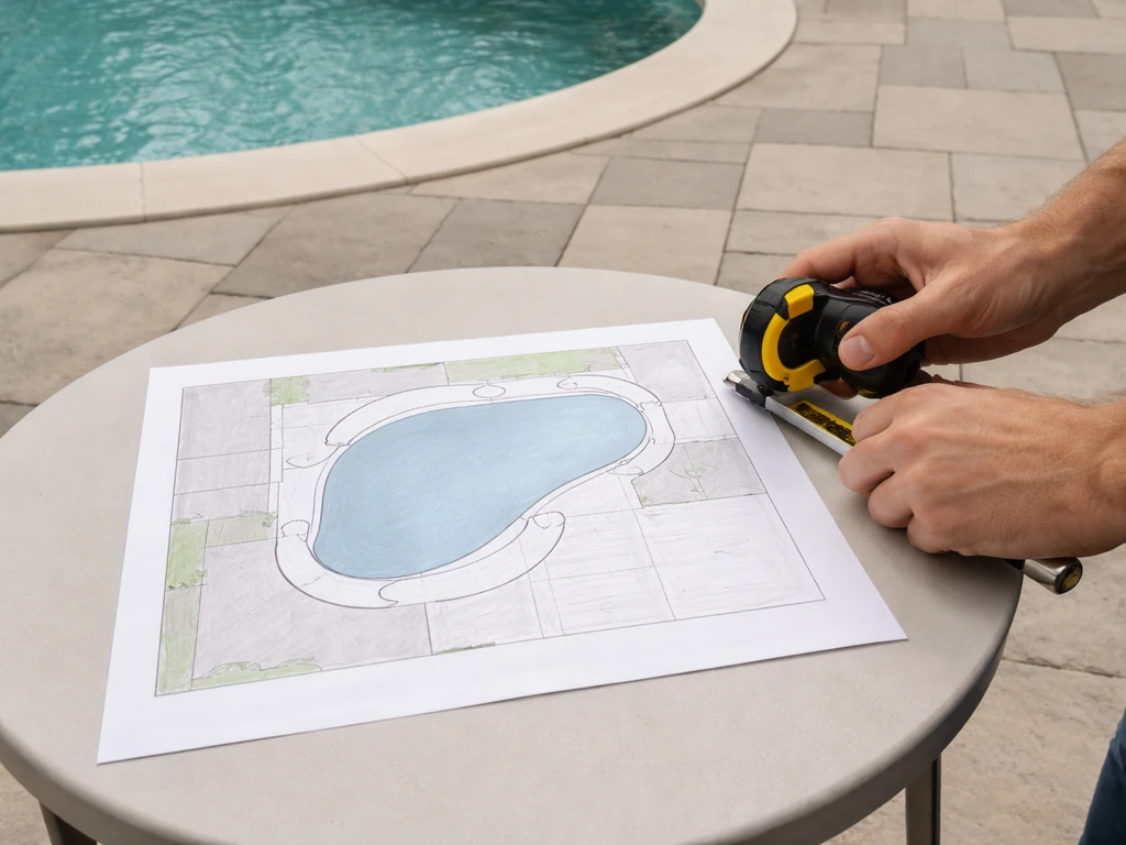 Person measuring clearances beside a backyard pool and patio layout on a patio table