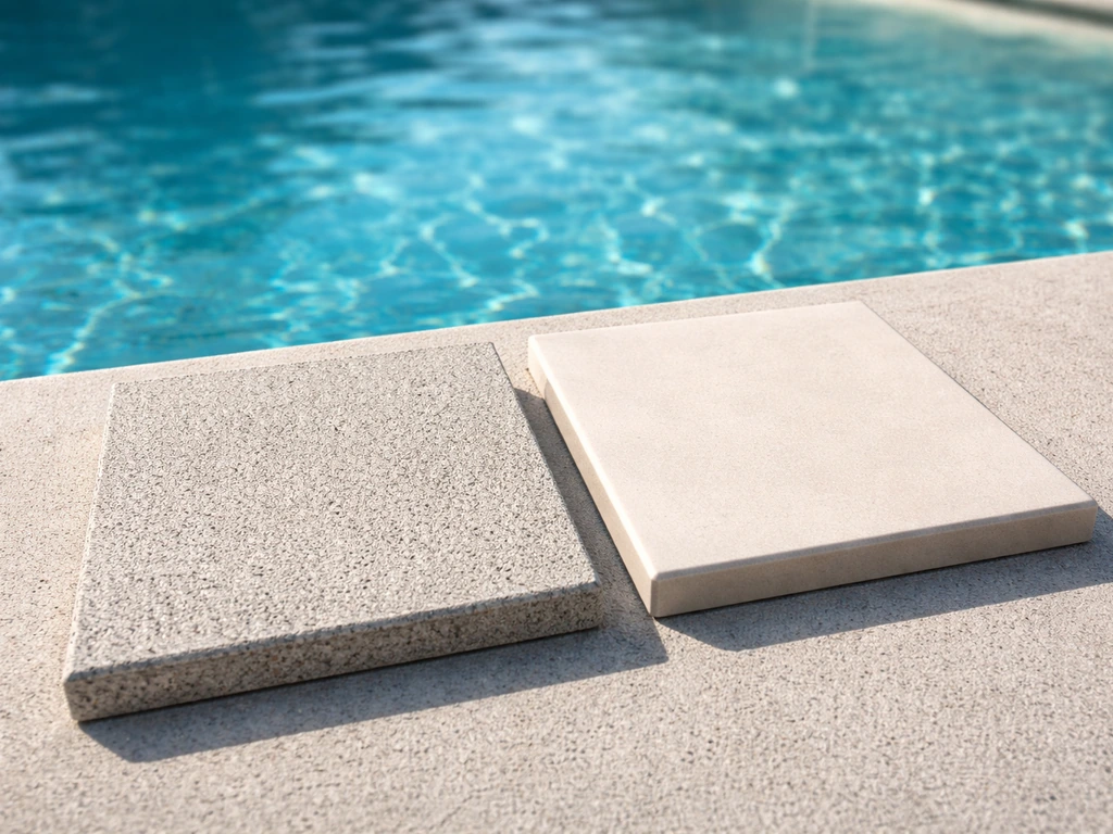 Side-by-side textured and smooth pool-deck material samples showing slip texture and durability under sun.