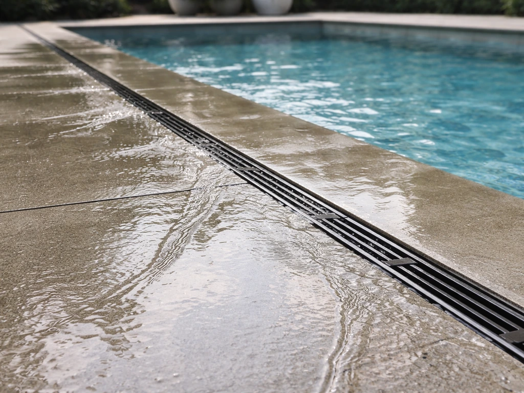 Channel drain along a pool patio edge, water directed away from the pool by deck slope