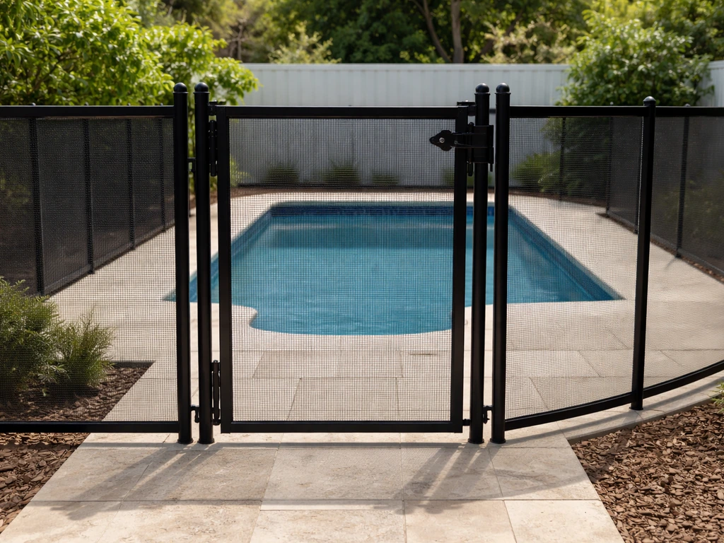 Residential pool barrier fence and self-closing, latched gate with pool edge visible behind.
