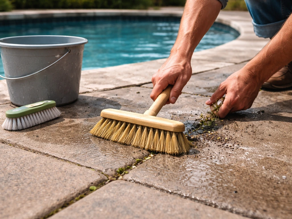 Anonymous hands sweeping and scrubbing pool patio paver seams to prevent algae buildup.