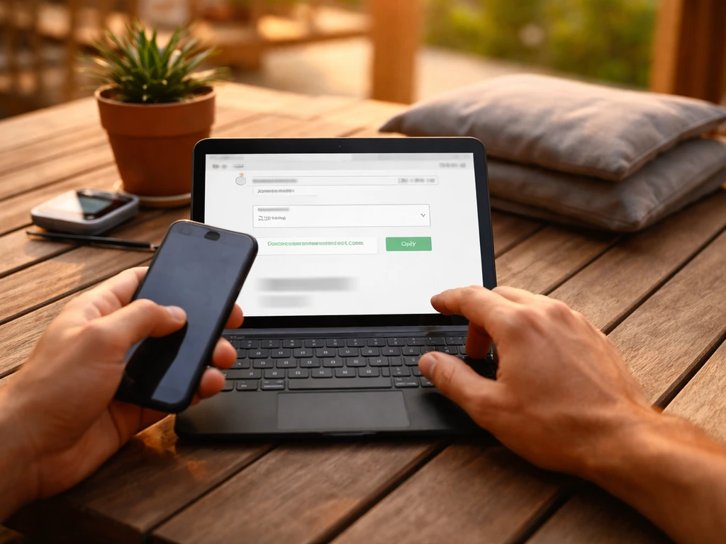 Hands on a patio table using a phone to apply a promo code to patio shopping items.
