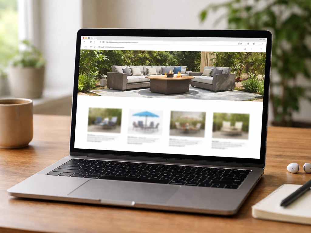 Close-up of a laptop showing an outdoor patio products site with a promo banner on a product page