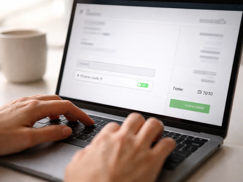 Hands entering a promo code into a checkout discount field on a laptop, with a confirmation message and updated total