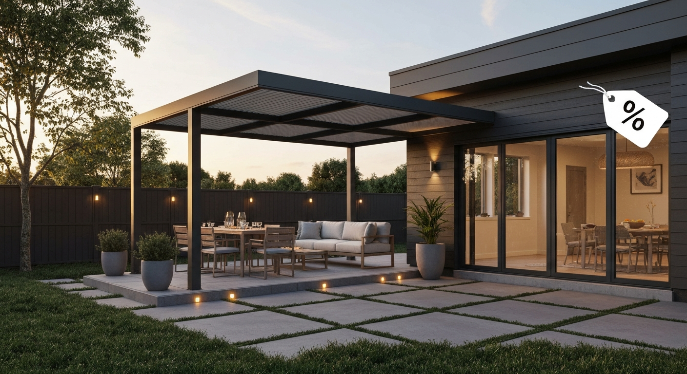 Modern backyard patio with pergola, seating, and a subtle coupon tag indicating a discount.