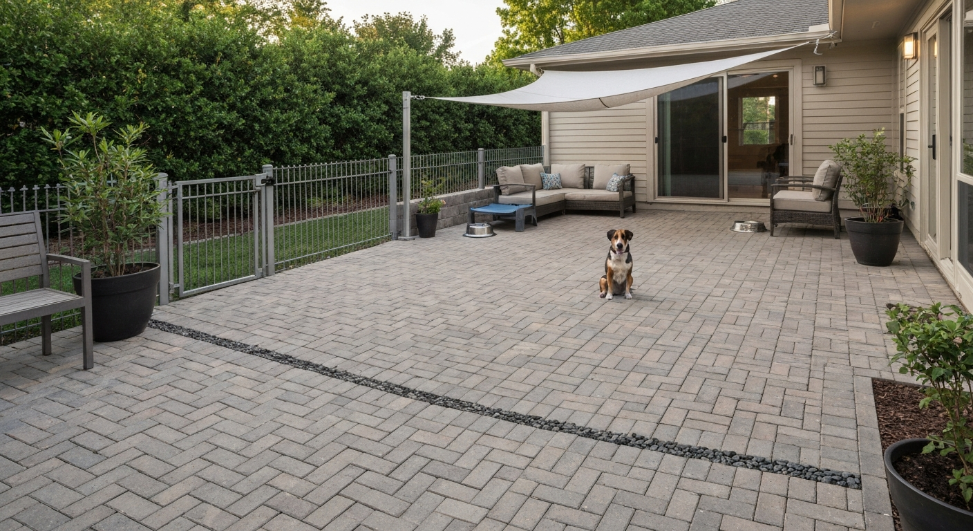 Private dog-friendly patio with permeable pavers, fenced gate, shaded rest area, and dog.