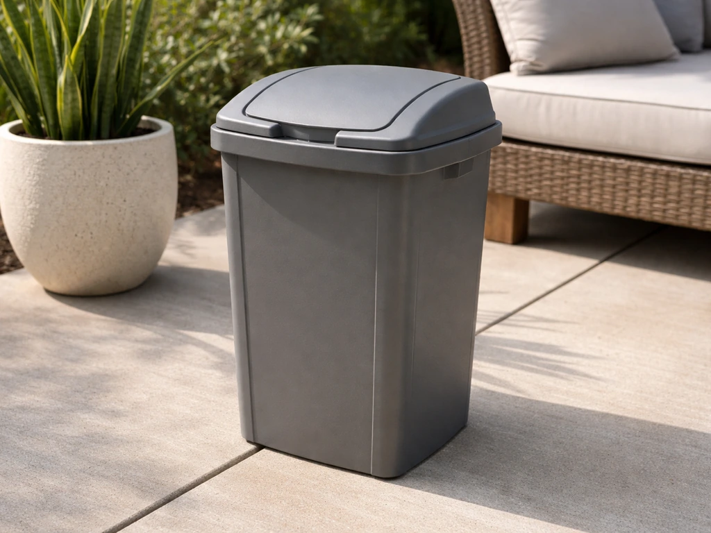 A gray patio trash can with a sturdy lidded top on a quiet outdoor patio.