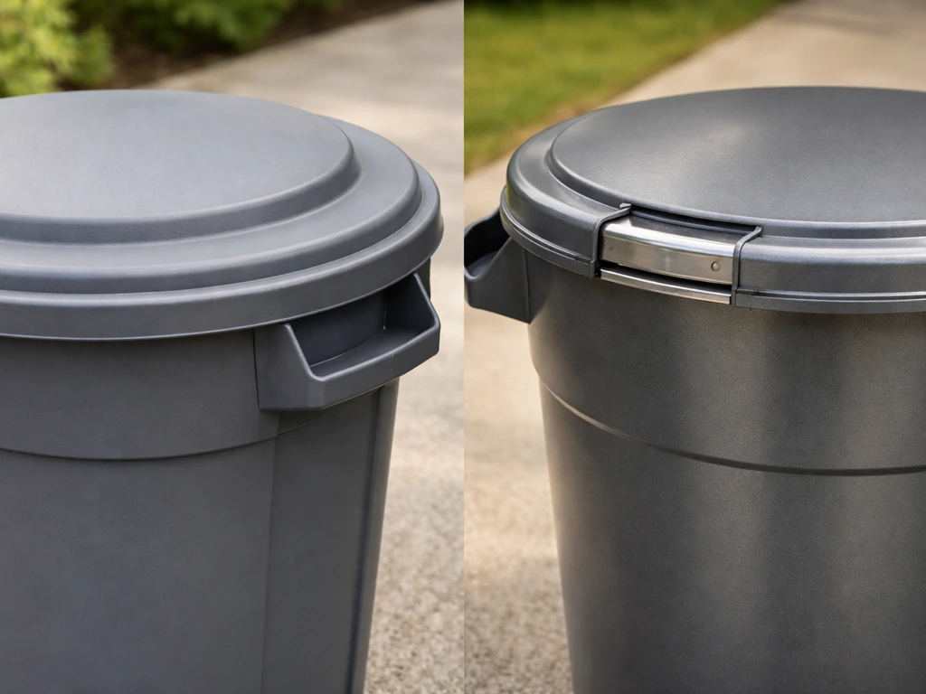 Close-up of two gray trash can materials showing snap-on resin vs secure swing metal lids.