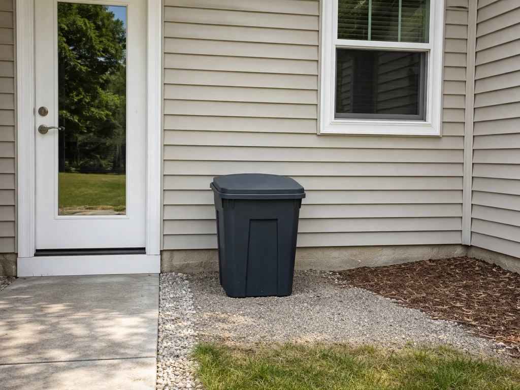 Outdoor trash bin set a few feet from a back door on dry gravel for better odor and drainage.