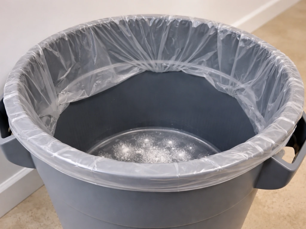 Snug liner bag inside a gray bin with baking soda sprinkled at the bottom for odor control