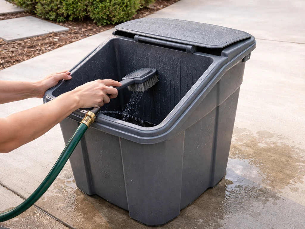 Gray resin trash bin being hose-rinsed and scrubbed with a brush outdoors before drying.