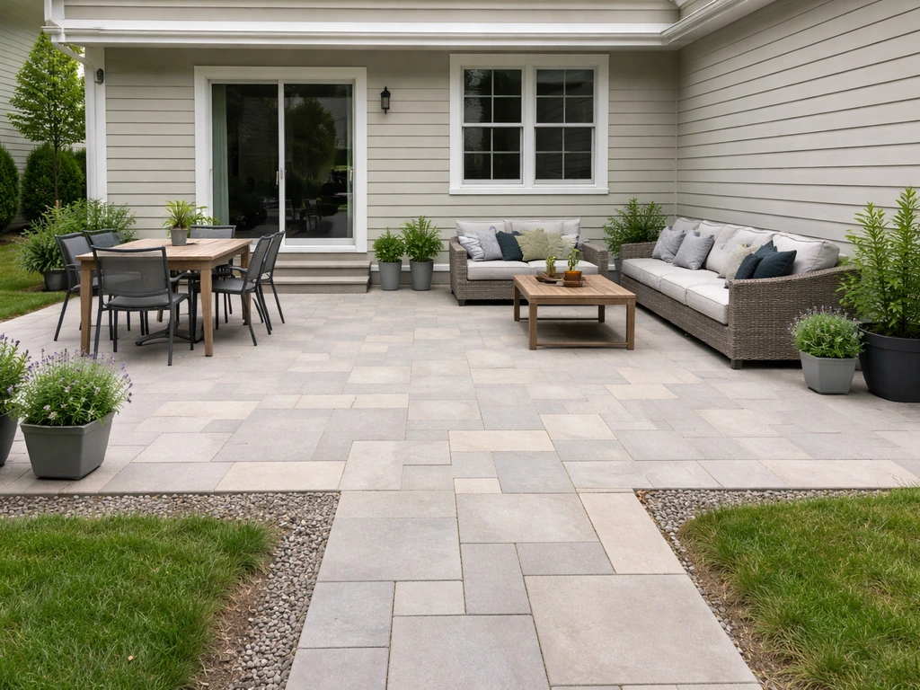 Backyard patio showing dining and lounging layout with clear walkway and proper placement near the home