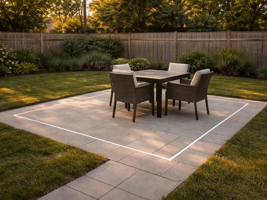Outdoor patio with a dining set and subtle ground tape/chalk lines showing clear zones and spacing.
