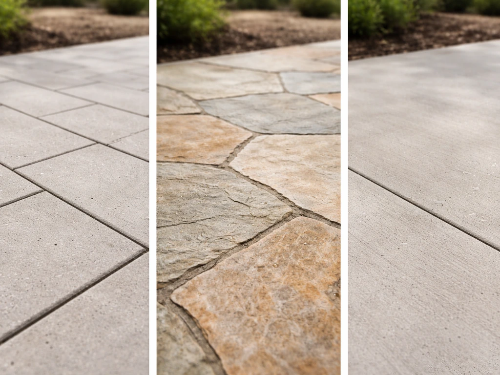 Side-by-side patio surfaces showing pavers, natural stone, and concrete textures and finishes.