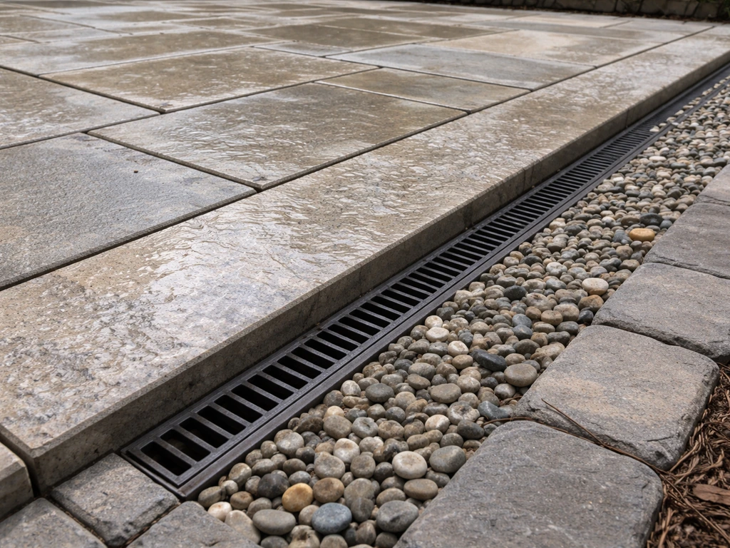 Close-up of patio edge with a small trench drain channel and graded gravel preventing water pooling.
